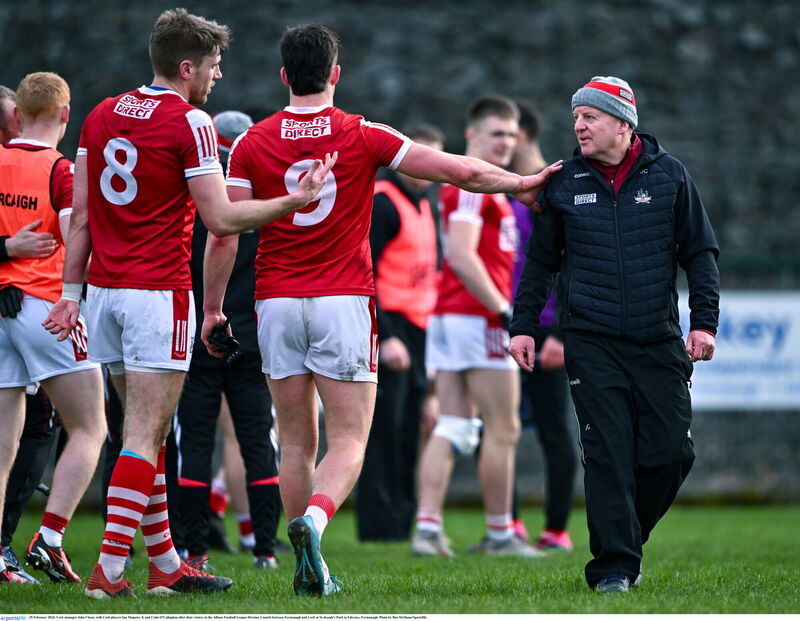 Cork manager John Cleary with Ian Maguire and Colm O'Callaghan. Picture: Ben McShane/Sportsfile
