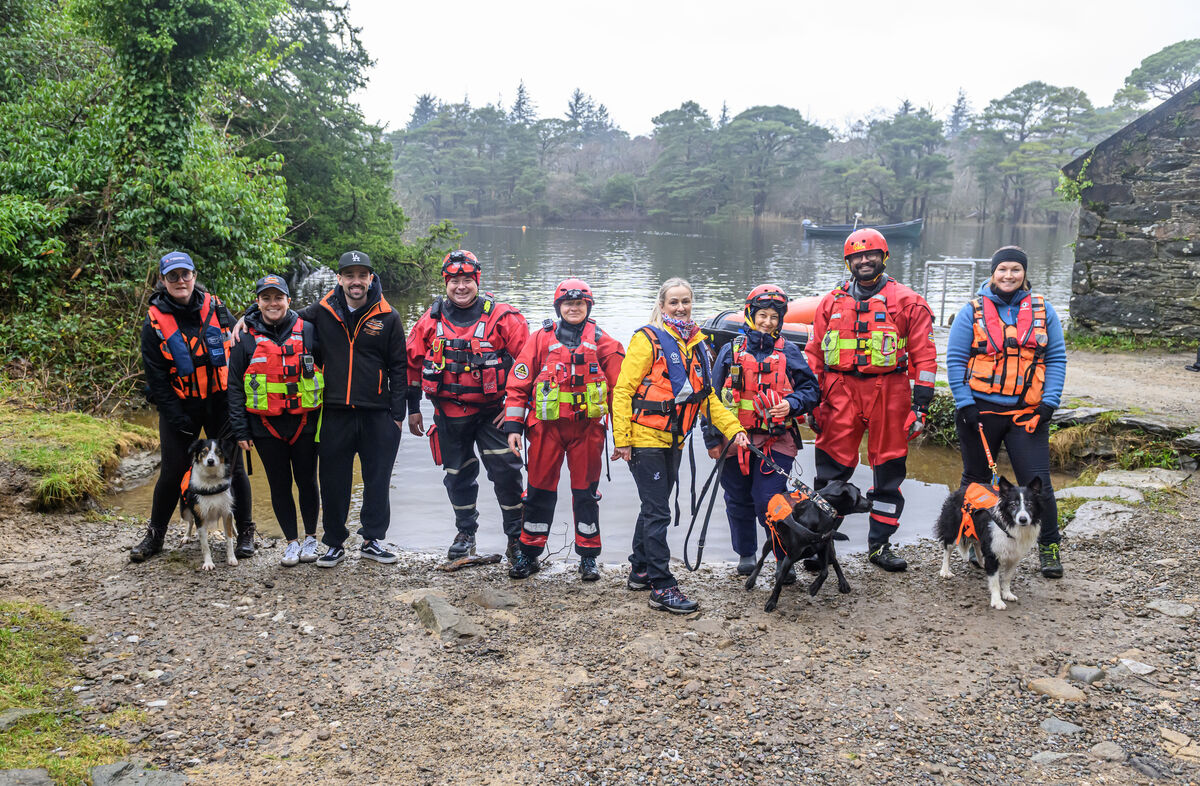 Killarney Water Rescue Search and Recovery Team and ISSARD members training at Loch Léin, Killarney: Beccie Jeffers with Pepper, Claire Tangney, Donal Dux O'Donoghue, Kieran Caulfield, Lorraine O'Sullivan, Kathryn O'Callaghan with Rylec, Donna Weiner, Ajay Tom George, and Éadaoin O'Gorman with Murphy during their training at Lough Léin, Killarney. Picture: Dan Linehan