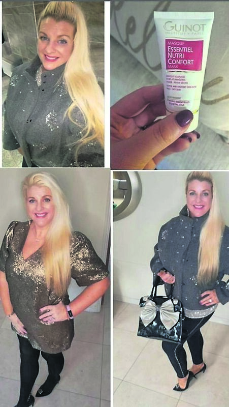 Emer O’Callaghan wearing a metallic gold dress and tights from Savida, Dunnes Stores, black and silver trim pants are Marks & Spencer, grey embellished coat is also Dunnes Stores, heels are Cinderella’s Closet. Also pictured is Emer’s Product of the Week, her winter Guinot Mask Essential, €48, which combats dry skin and is suitable for face, neck, lips and eyes, available from Emerald Beauty Clinic, 031 4365949, postage options available