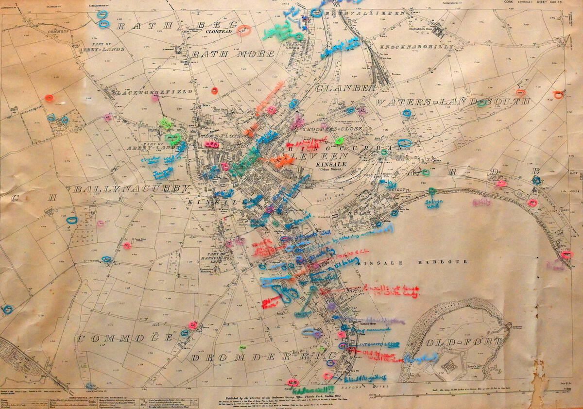  A map from 1932 which has reference to well locations in the town of Kinsale. 