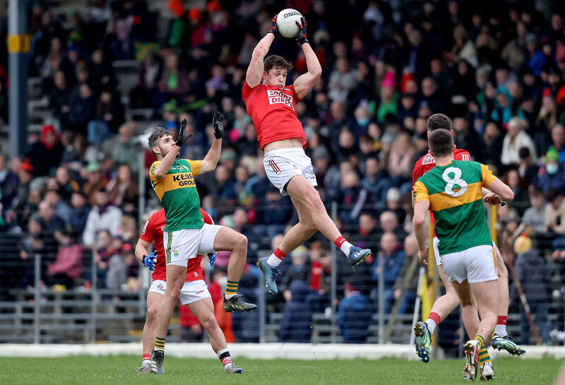 Cork's Colm O’Callaghan makes a great catch against Kerry in the 2022 McGrath Cup final. Picture: INPHO/Bryan Keane