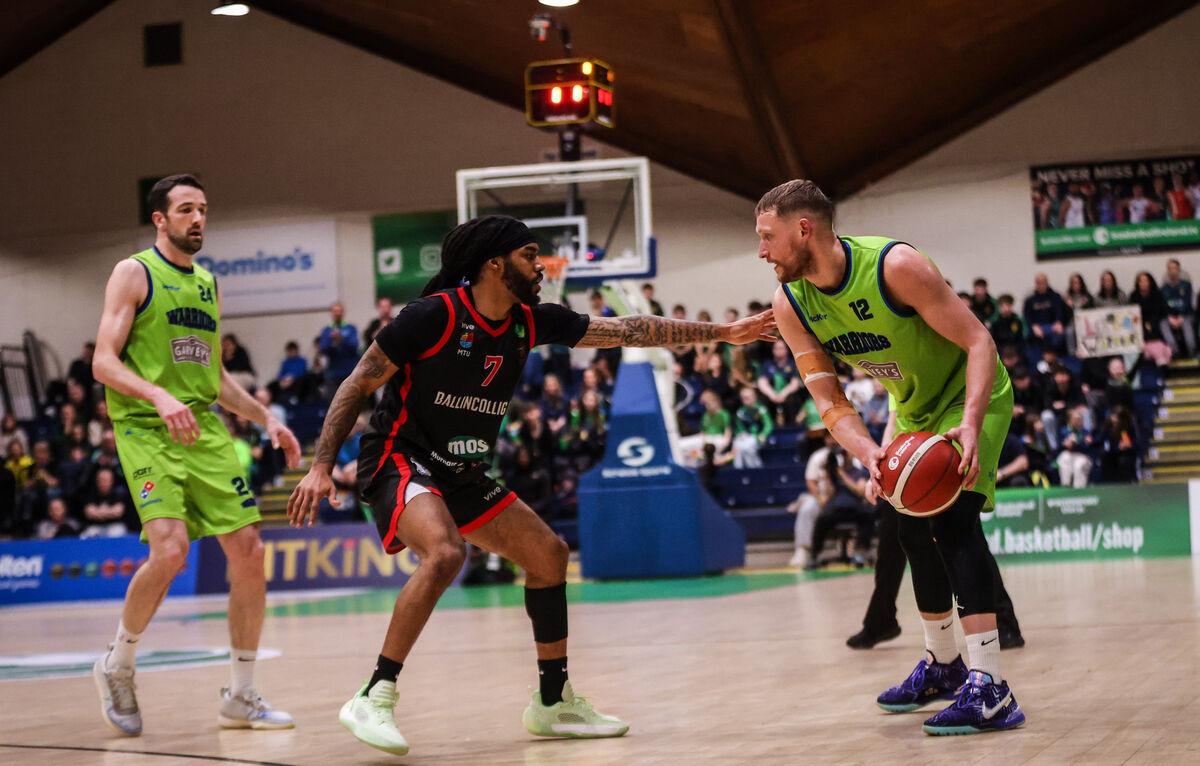 Ballincollig MVP Latrell Jossell challenges Daniel Jokubaitis of Garvey's Tralee Warriors. Picture: INPHO/Tom Maher