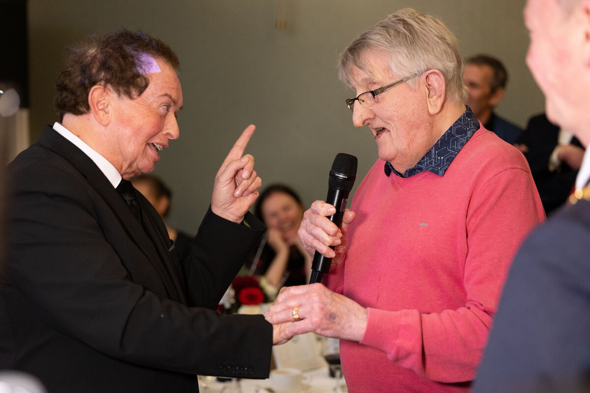 Marty Morrissey, RTÉ with Joe Mac who was the recipient of the Supreme Cork Award at the Cork Person of the Year Award in the Metropole Hotel. 