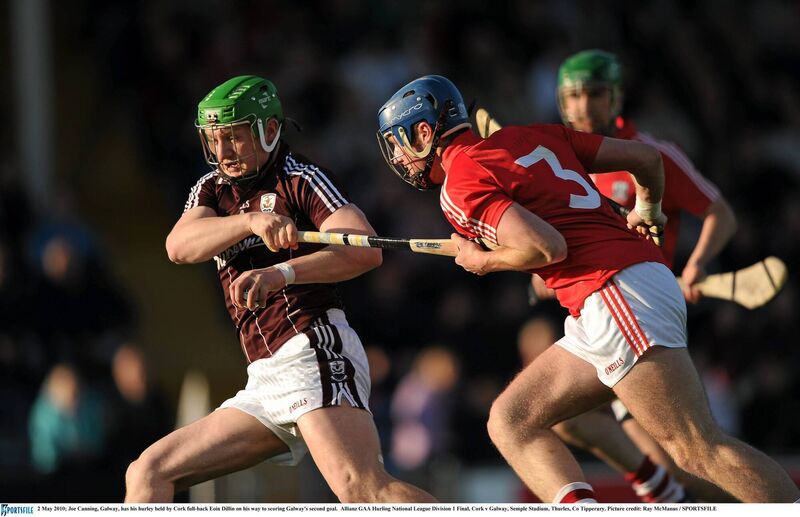 Joe Canning, Galway, has his hurley held by Cork full-back Eoin Dillon in the 2010 league final. Picture: Ray McManus/SPORTSFILE