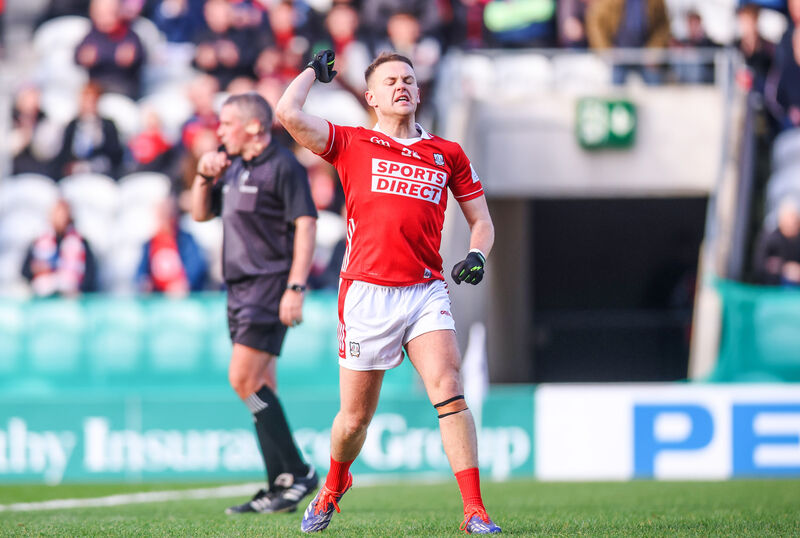 Cork's Steven Sherlock celebrates as referee Brendan Griffin blows the final whistle against Cavan. Picture: INPHO/Tom Maher