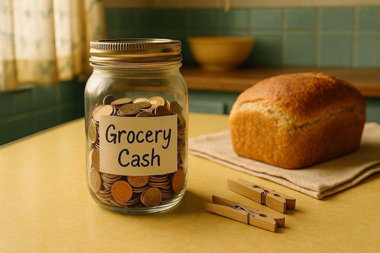 mason jar filled with coins labeled grocery cash on a vintage yellow kitchen table next to homemade bread and clothespins