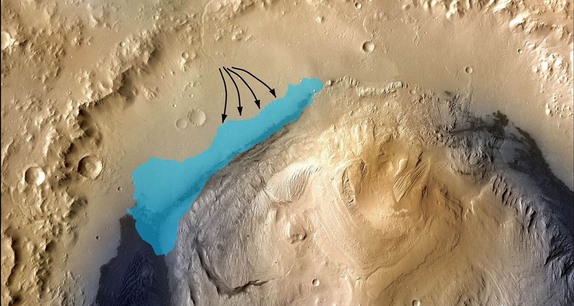 Artist's depiction of an ancient extant lake in Gale Crater. Credit - 	NASA/JPL-Caltech/MSSS