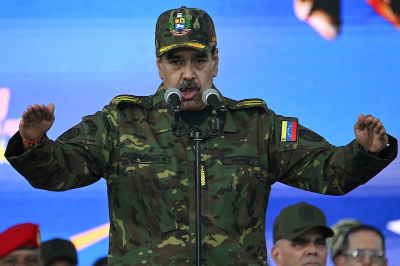Venezuela's president Nicolas Maduro delivers a speech during a military ceremony in Fuerte Tiuna, Caracas on November 25th, 2025. Photograph: Federico Parra/ AFP via Getty Images