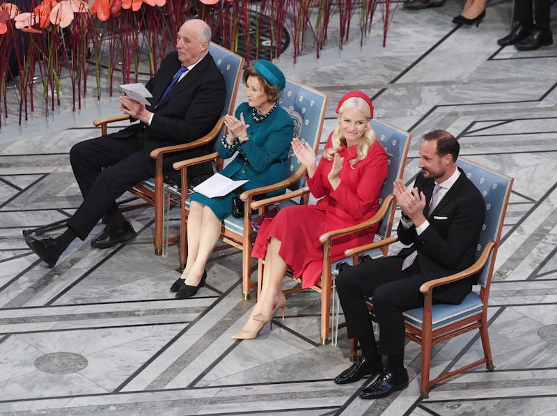 Queen Sonja, King Harald, Prince Haakon and Princess Mette-Marit attend the Nobel Peace Prize Ceremony 2022 in Oslo. Photograph: Rune Hellestad/Getty