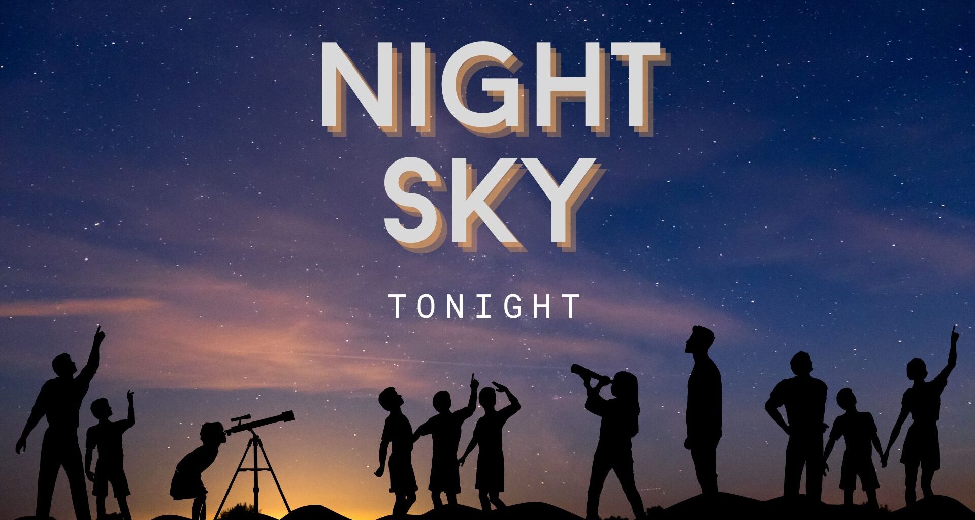 graphic with night sky in large font and silhouettes of people below looking up at the night sky.