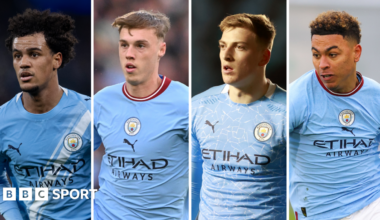 A split picture of Oscar Bobb, Cole Palmer, Liam Delap and Morgan Rogers who have come through Manchester City's youth system