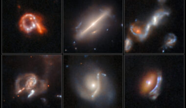 A 6-panel presentaiton with squiggly and unusually-shaped galaxies.