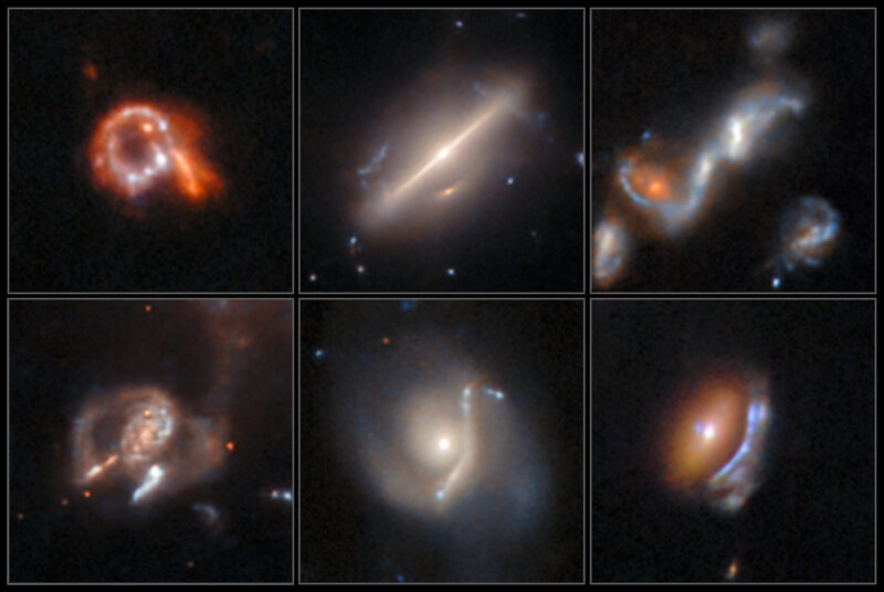 A 6-panel presentaiton with squiggly and unusually-shaped galaxies.