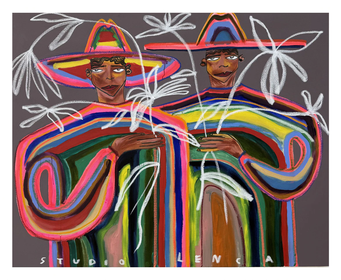 Colorful abstract painting of two individuals in striped garments and hats, holding white plants on a gray background.