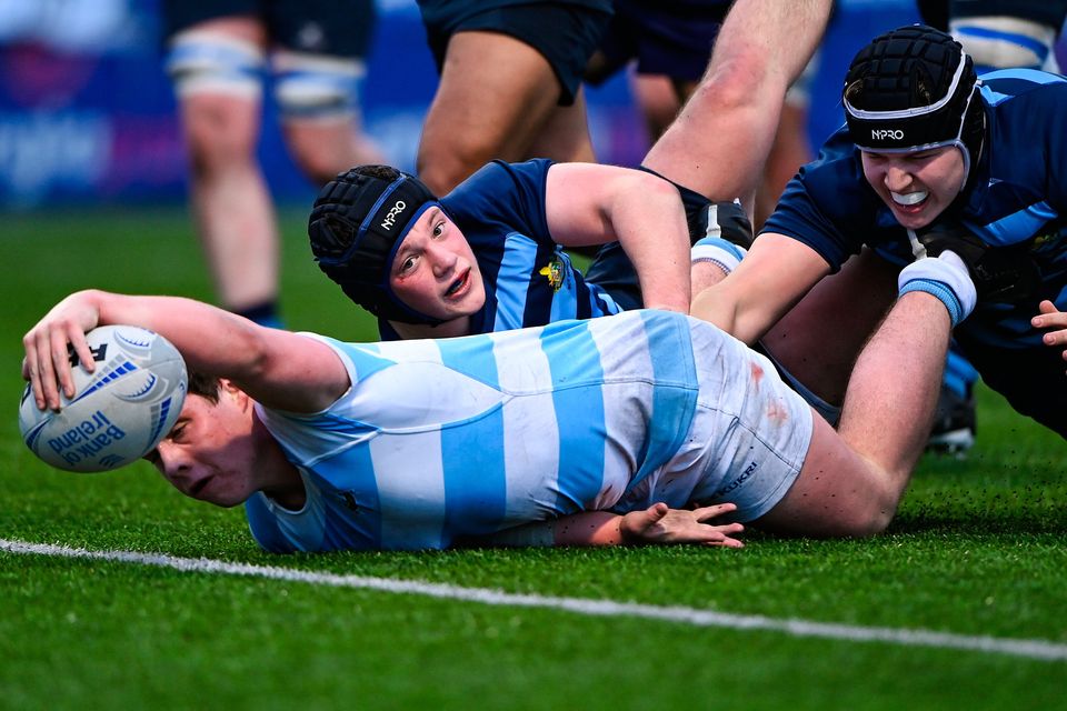 Thomas Keaveney of Blackrock College scores the sixth try against St Vincent's Castleknock College at Energia Park in Dublin. Photo by Matt Browne/Sportsfile