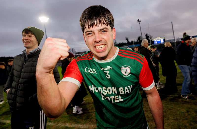 St Brigids’ Seán Trundle celebrates after the game. Photograph: James Crombie/Inpho