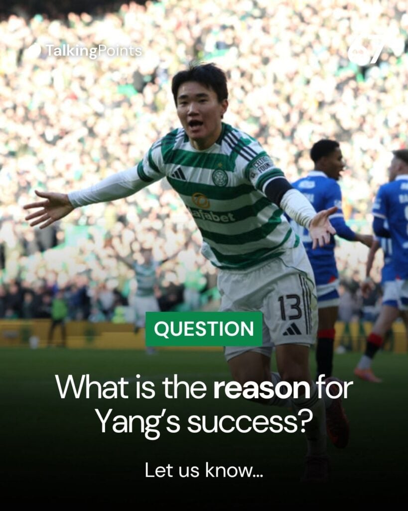 Hyunjun Yang celebrates his goal for Celtic against Rangers