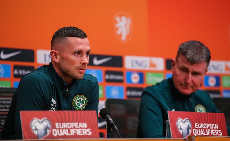 Alan Browne with former Republic of Ireland manager Stephen Kenny ahead of an away match against the Netherlands in 2023. Photograph: Ryan Byrne/Inpho