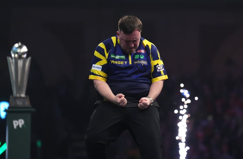 Luke Littler celebrates beating Gian van Veen. Photograph: John Walton/PA
