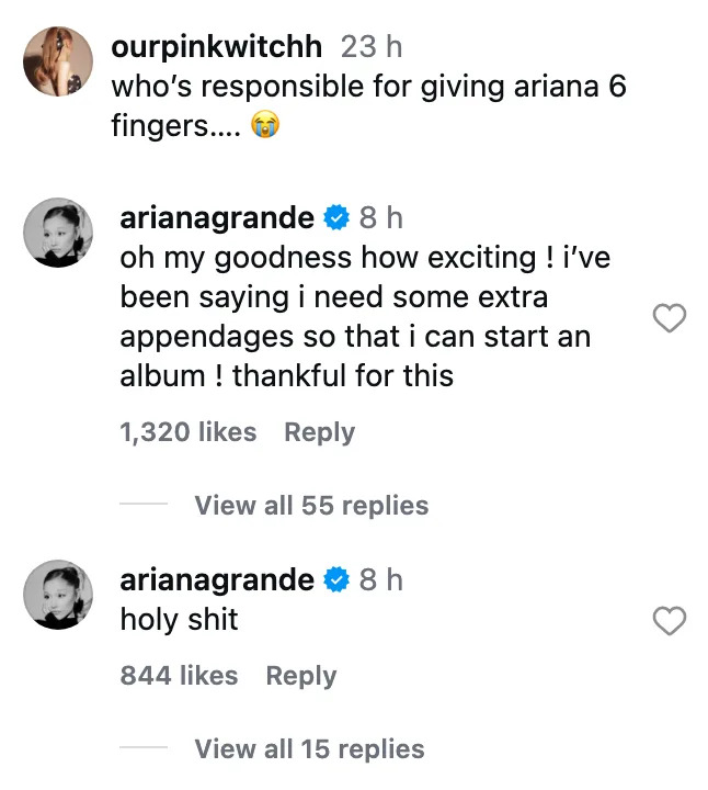 Screenshot of social media post by Ariana responding with humor to a previous comment about her having six fingers in an editing fail