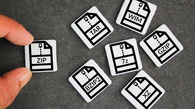 Samll paper coutouts featuring various archive file formats supported by 7-Zip