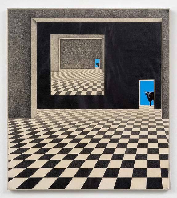 Surreal artwork of a black and white checkered room with a smaller framed room and a person peeking through a blue door.