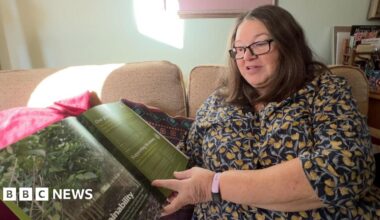 Jane Bertelli, a woman in her mid sixties, sits on the sofa in her home, looking through one of the brochures sent to her by Ethical Forestry Limited.