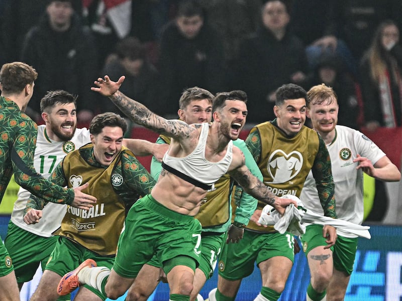 Troy Parrott celebrates his late winning goal against Hungary at Puskas Arena, Budapest, last November. Photograph: Attila Kisbenedek/AFP via Getty Images