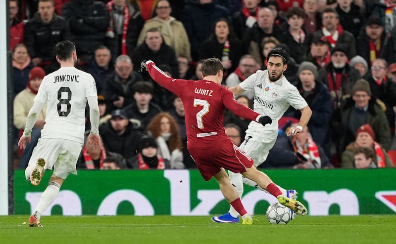 Liverpool's Florian Wirtz scores their side's second goal of the game. Photograph: Peter Byrne/PA