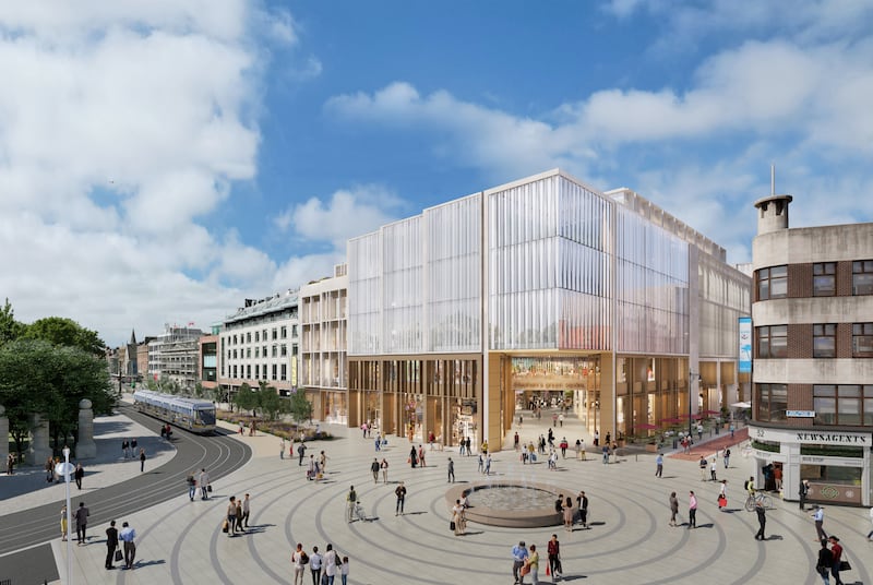 Stephen’s Green Shopping Centre: the rejected version 2 of the redesigned Dublin mall, by BKD Architects. This view incorporates Dublin City Council’s proposed public-realm improvements at the top of Grafton Street.  Illustration: Model Works