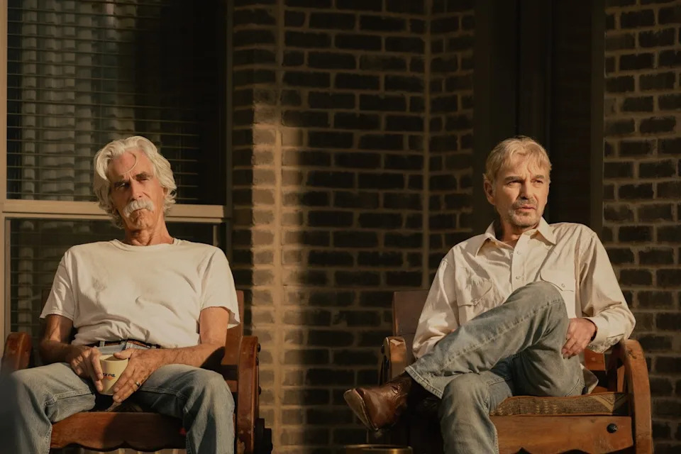Sam Elliott as T.L. and Billy Bob Thornton as Tommy in Landman episode 10, season 2, streaming on Paramount+. Photo Credit: Emerson Miller/Paramount+
