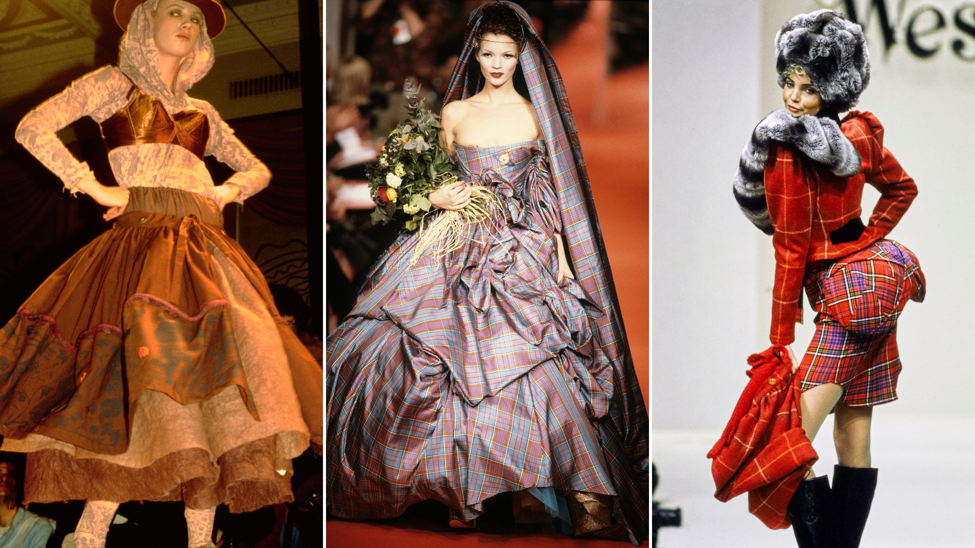 Composite image of three supermodels wearing bright outfits, with strips of tartan and exaggerated hips and bums