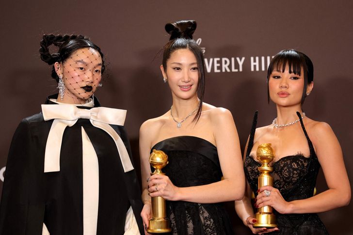 From left, Audrey Nuna, EJAE and Rei Ami, winners of the Best Original Song for 'Golden' from 'KPop Demon Hunters,' pose in the press room during the 83rd Golden Globe Awards at The Beverly Hilton in Beverly Hills, Calif., Jan. 11. AFP-Yonhap