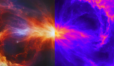 An illustration shows the universe expanding during cosmic dawn with its flip side the dark universe dominated by dark photons and dark matter also evolves.