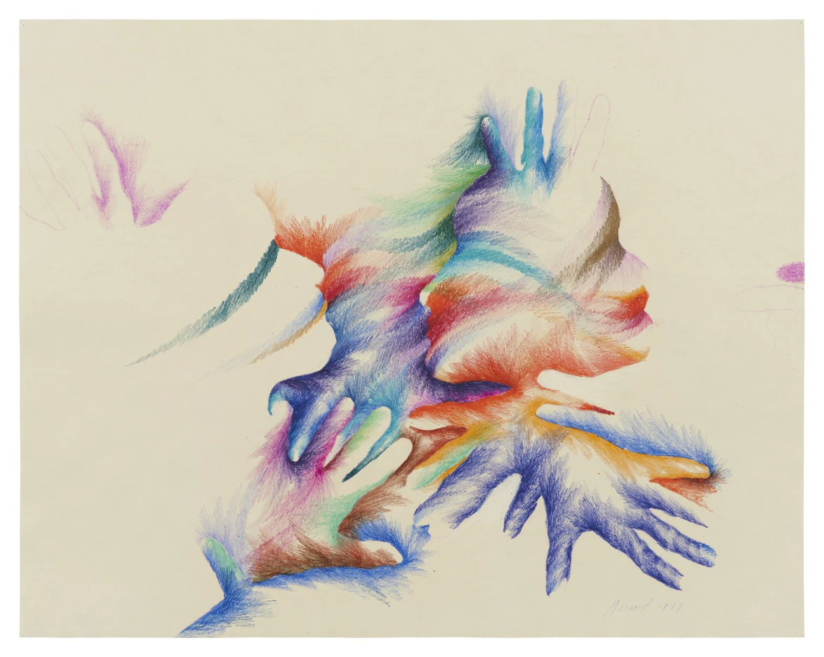 Abstract drawing of colorful overlapping hands on a plain background.