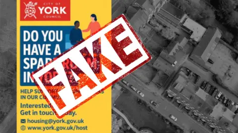 BBC A fake advert appealing for people for spare rooms in York to contact the city council. The image has FAKE in red lettering on top.