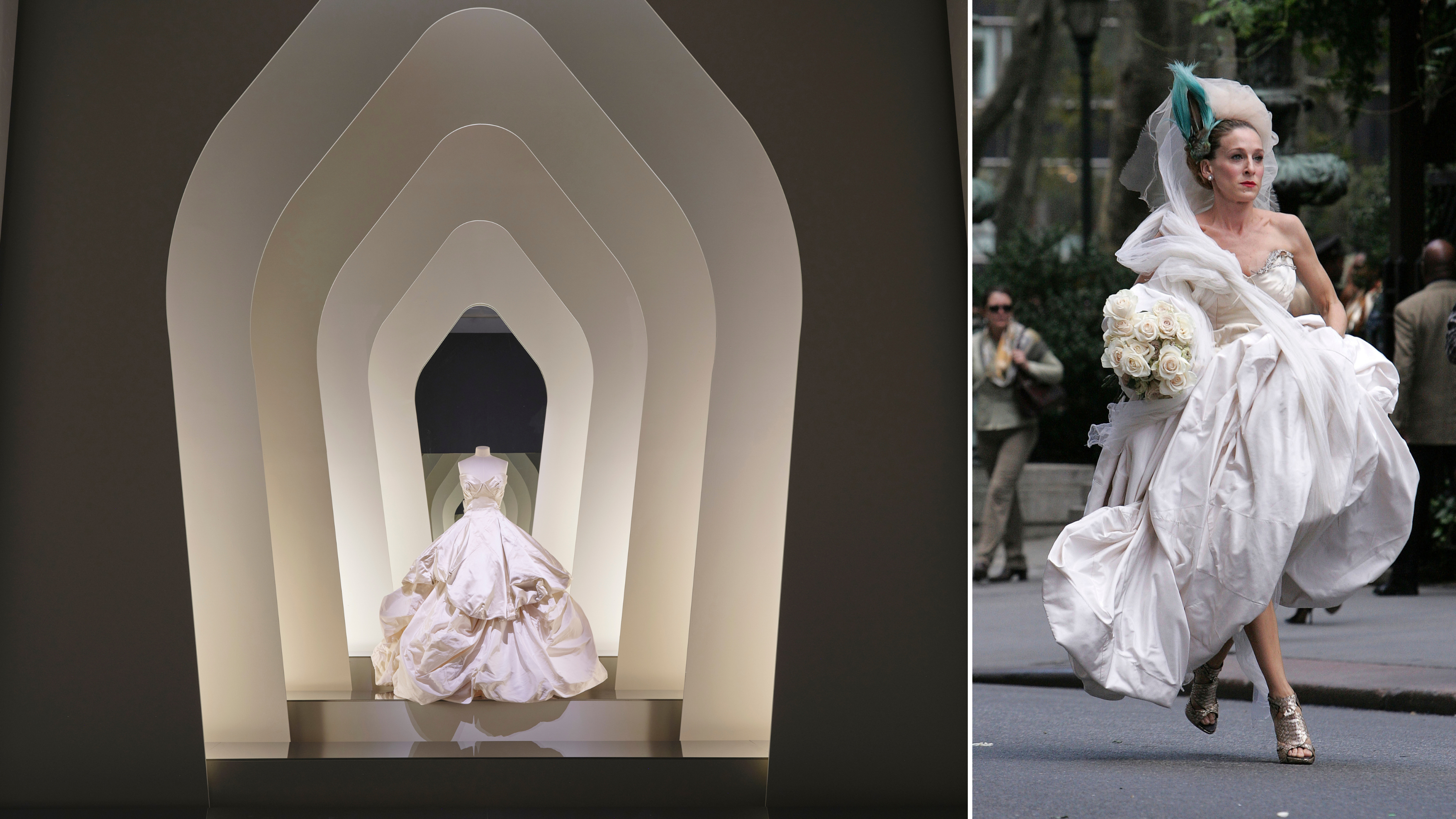 Composite of a layered wedding dress in an exhibition, next to a still of Sarah Jessica Parker running down the street in it