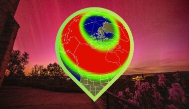 map of the U.S. showing the states that lie above the possible aurora view line for tonight.