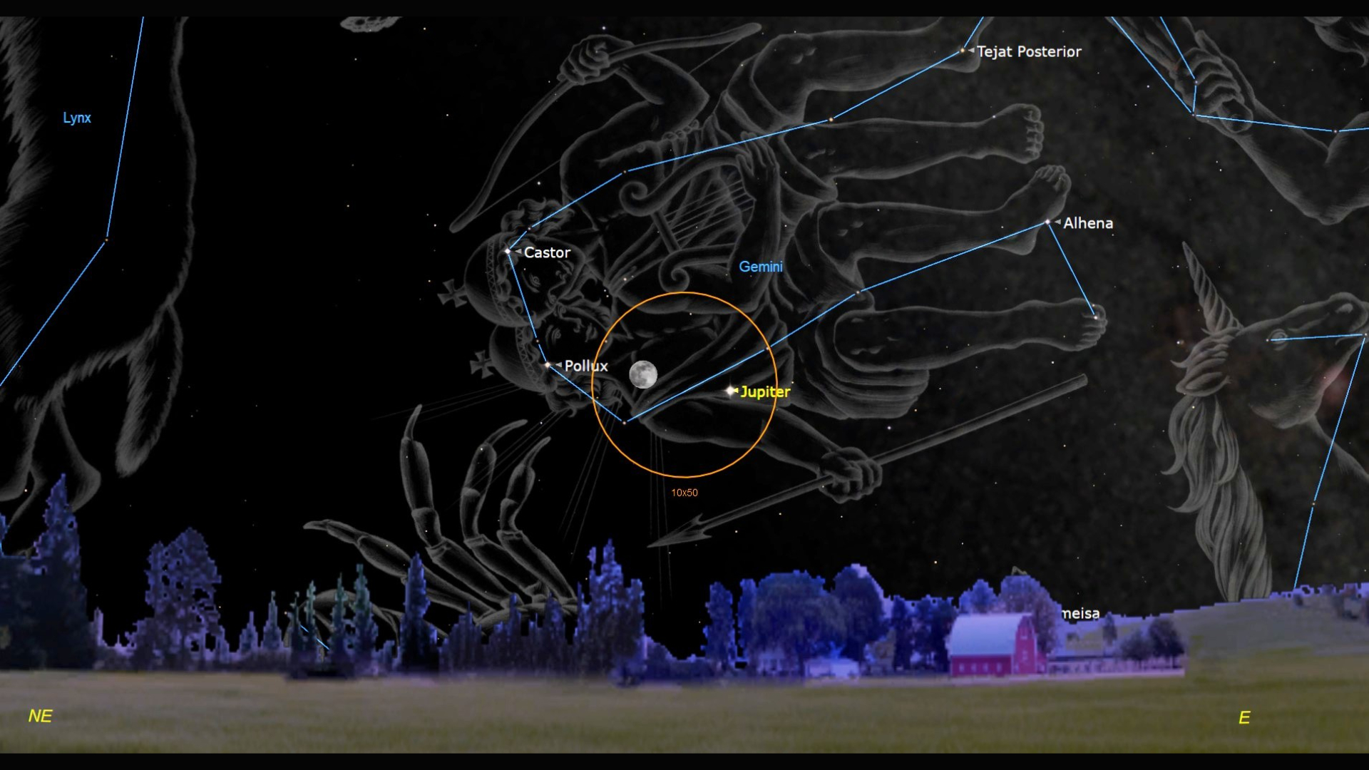 A star map showing drawings of the constellations Castor and Pollux as two men close together in the night sky with an orange circle at the center of the image showing a full moon near a labeled dot for Jupiter