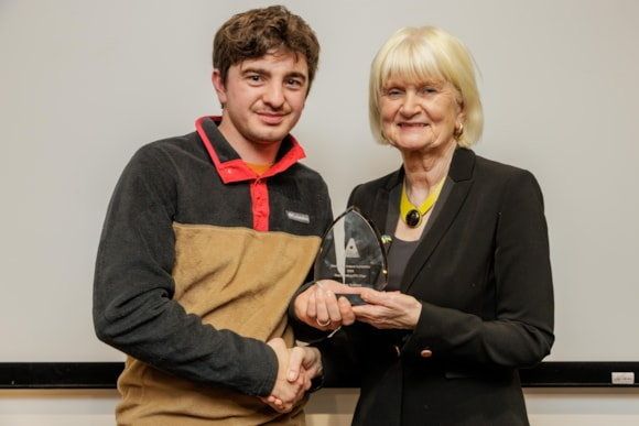 Minister of State at the Department of Further and Higher Education, Research, Innovation and Science, Marian Harkin TD, presenting the award to Eoghan Tuttlebee from Bundoran, supported by employer Bryan Barber of Grange, Co. Sligo. 
