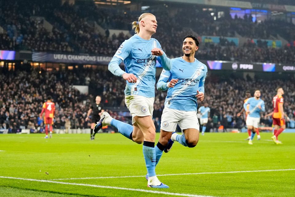 Manchester City's Erling Haaland (left) celebrates scoring his side's first goal in the 2-0 win over Galatasaray. Picture: PA Media