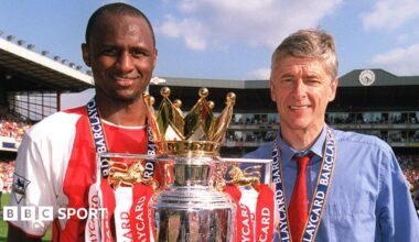 Arsene Wenger and Patrick Vieira with the Premier League trophy in May 2004