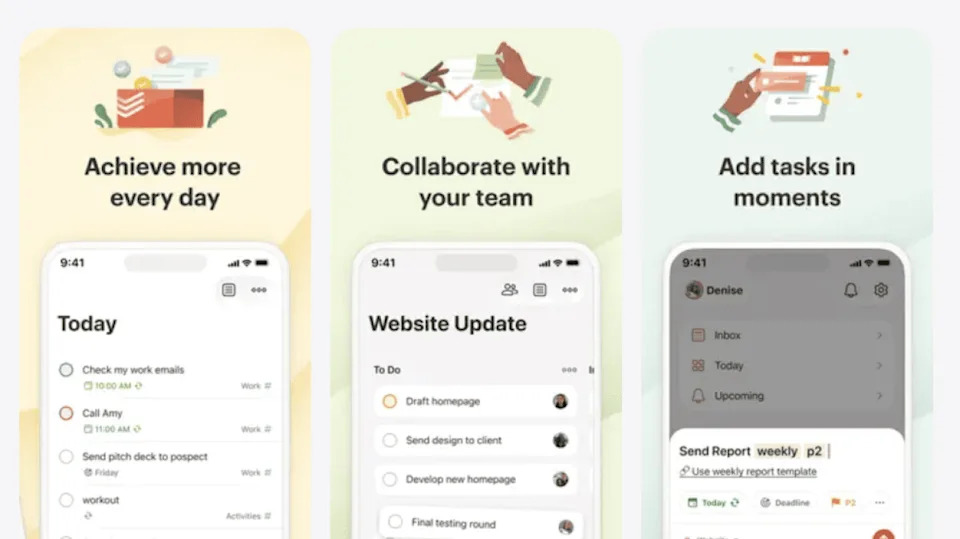 Three screenshots showing the interface of the Todoist app. - Todoist