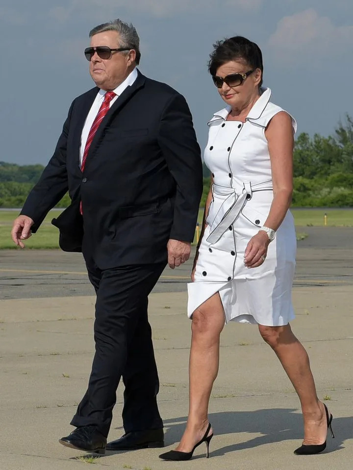 Melania Trump's parents Viktor Knavs and Amalija Knavs step off off Air Force One upon arrival in Morristown, New Jersey on June 30, 2017. MANDEL NGAN/AFP/Getty