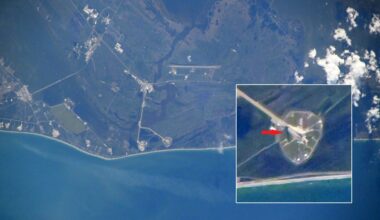 A view of the Florida coastline from space, with the dark green land outlined by a thin white strip of beach before a blue ocean. An inset to the right in a white box shows a red arrow pointing to a white space amidst a green circled off area.