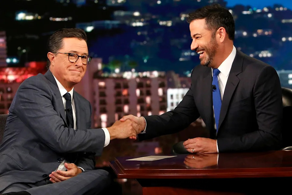 Randy Holmes/Disney General Entertainment Content via Getty Stephen Colbert and Jimmy Kimmel on 'Jimmy Kimmel Live!' on Sept. 14, 2025