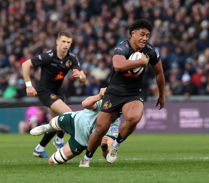 Greg Fisilau of Exeter Chiefs charges past Leicester Tigers' Cameron Henderson during the Gallagher PREM match last December in Exeter, England. Photograph: David Rogers/Getty Images