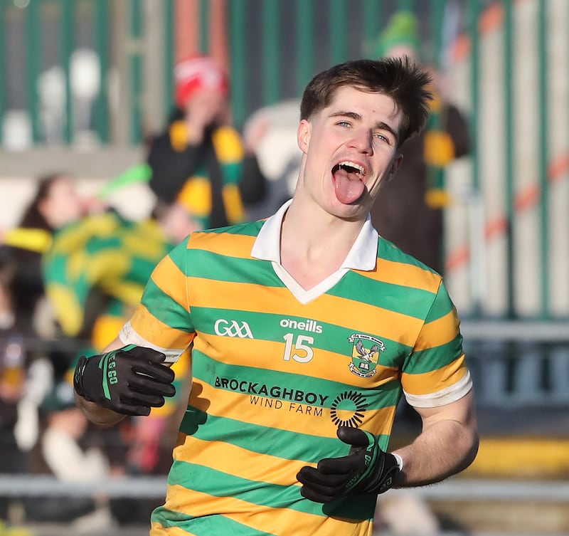 Glenullin Ryan McNicholl celebrates a goal against Strokestown during the All Ireland Club Intermediate Football Championship semi final played at Ballyshannon on Saturday 3rd of January 2025