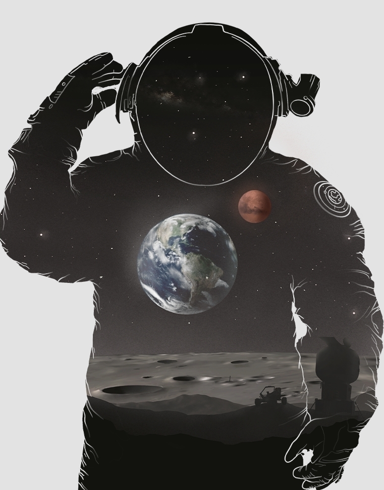 A cutout of an astronaut wearing a spacesuit with drawings of the Earth and Mars seen from the surface of the moon inside the cutout.