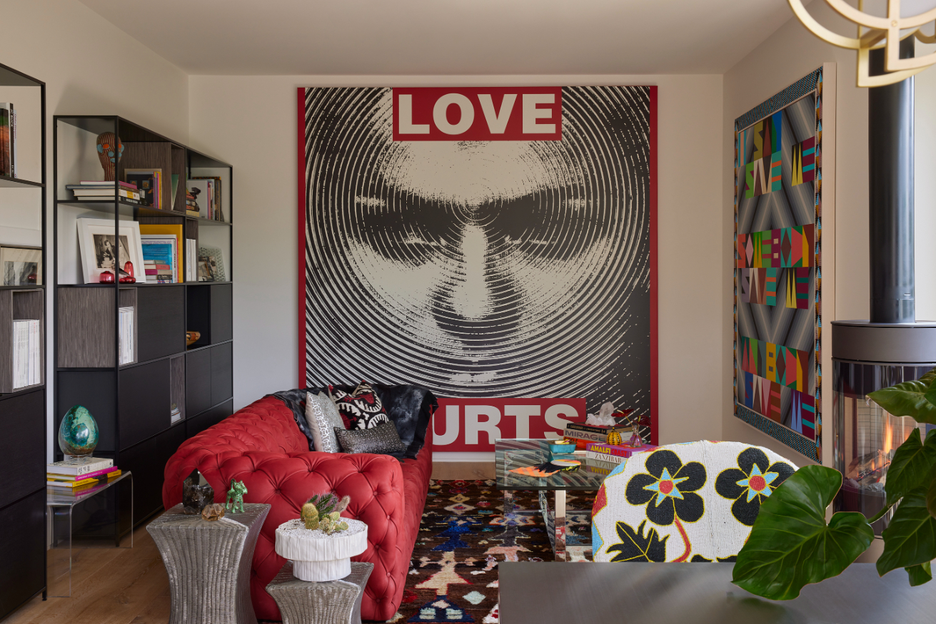The Cookie Factory, left to right: Barbara Kruger, 'Untitled (Love Hurts)', 2012; Jeffrey Gibson, 'Save Me', 2018.